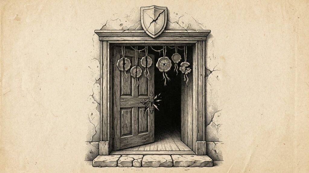 A household doorway with cracked stone threshold, ornate cracked wax-seal medallions hanging from fine threads across the entrance, and a fractured shield above the doorframe — representing Meta's Muse security disclosure problem and the tension between trust and autonomous control.