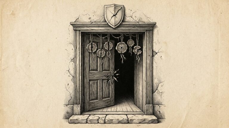 A household doorway with cracked stone threshold, ornate cracked wax-seal medallions hanging from fine threads across the entrance, and a fractured shield above the doorframe — representing Meta's Muse security disclosure problem and the tension between trust and autonomous control.
