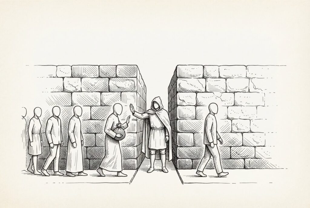 A narrow stone passageway with a hooded sentinel figure standing at the narrowest point, inspecting a faceless traveler carrying a bundle marked with cross-hatching to indicate tainted data. Behind the traveler, other figures wait. On the clean side of the sentinel, a figure walks freely through the wider passage. Monochrome pen-and-ink engraving depicting the kernel-level checkpoint concept.