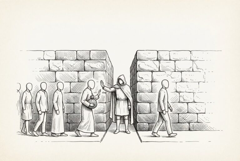 A narrow stone passageway with a hooded sentinel figure standing at the narrowest point, inspecting a faceless traveler carrying a bundle marked with cross-hatching to indicate tainted data. Behind the traveler, other figures wait. On the clean side of the sentinel, a figure walks freely through the wider passage. Monochrome pen-and-ink engraving depicting the kernel-level checkpoint concept.