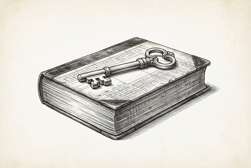 An ornate skeleton key rests unused on a thick leather-bound ledger — a metaphor for sophisticated security architecture sitting idle atop a heavy record of historical privacy violations