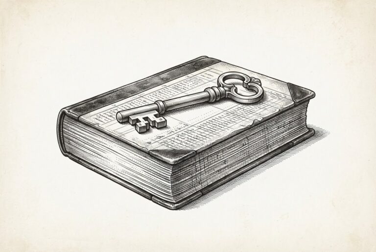 An ornate skeleton key rests unused on a thick leather-bound ledger — a metaphor for sophisticated security architecture sitting idle atop a heavy record of historical privacy violations