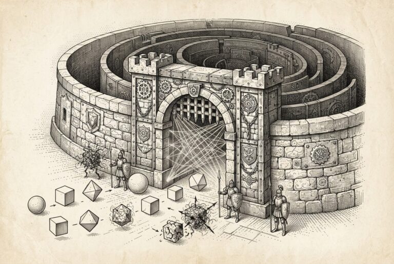 A central kernel-level security barrier forming a fortified gateway with agent processes approaching — some clean and allowed through, others tainted and deflected by Sentinel enforcement. The eBPF taint tracking architecture as containment-first security.