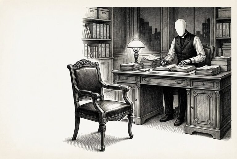 A faceless figure in formal attire works diligently at an ornate desk in the background of a dimly lit office, sorting papers and writing. In the foreground, an empty chair sits vacant - the human has left, but the agent continues working autonomously. The empty foreground chair is the focal point - absence and continuity.