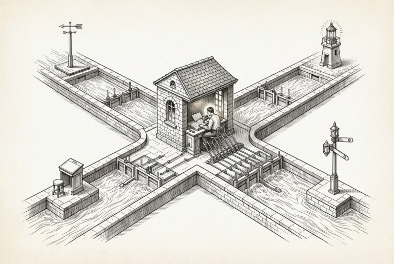 A single stone control house at the center of an engineered waterway system operates multiple sluice gates via brass levers, while unmanned specialist stations along the channels sit empty. Pen-and-ink engraving on warm aged paper.
