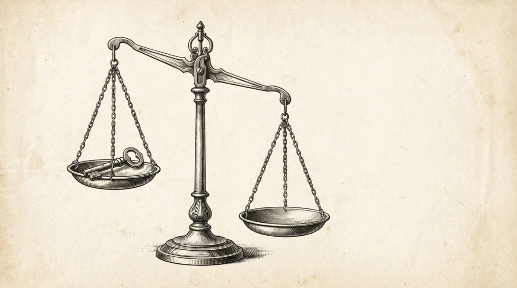 Antique precision scales with a key in one pan and an empty second pan that sits lower, symbolizing authentication bypass where nothing is needed to tip the balance.