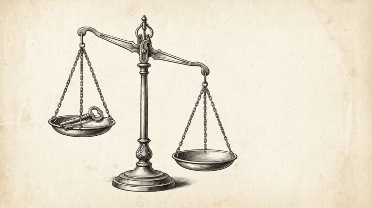 Antique precision scales with a key in one pan and an empty second pan that sits lower, symbolizing authentication bypass where nothing is needed to tip the balance.