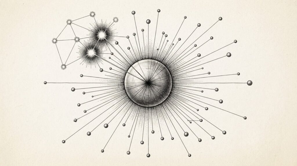 Pen-and-ink constellation map with nine bright nodes and a central hub representing nine identity CVEs in Microsoft's September 3 batch and the Entra ID chokepoint
