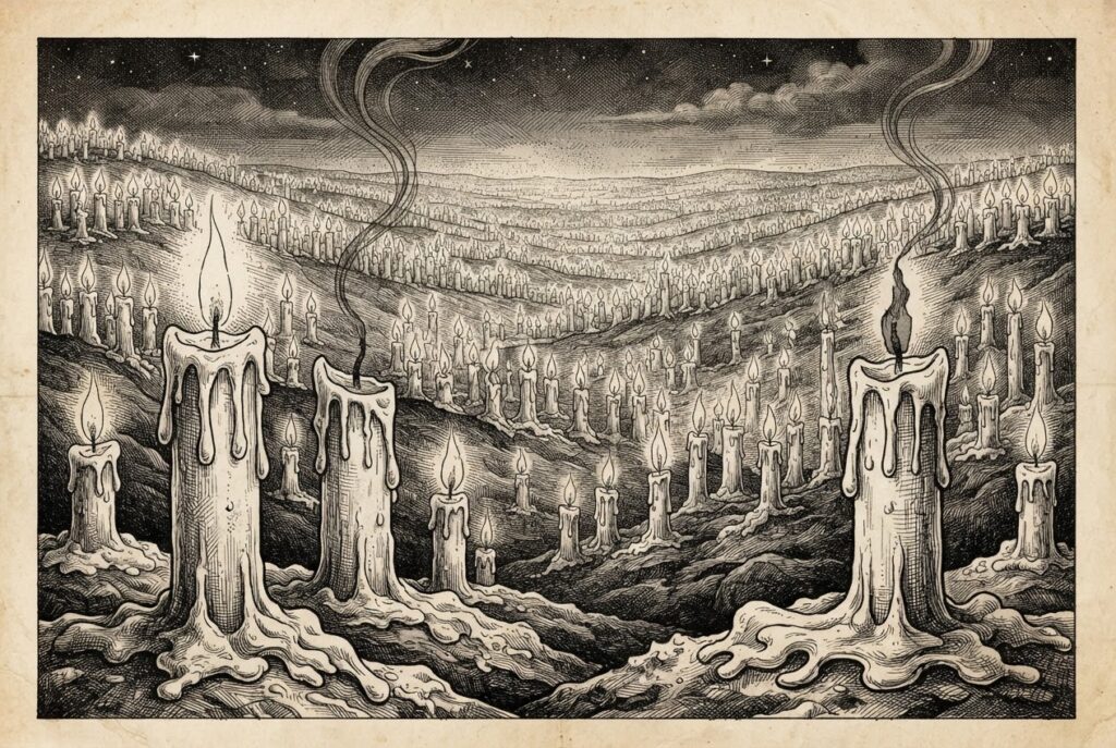A vast landscape of small candles stretching to the horizon, each flame steady and distinct, rendered as an antique pen-and-ink engraving. In the foreground, several candles are melting with wax pooling, two extinguished with wisps of smoke rising. Monochrome engraving on warm aged paper.