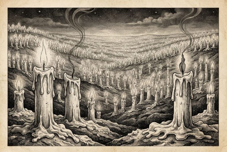 A vast landscape of small candles stretching to the horizon, each flame steady and distinct, rendered as an antique pen-and-ink engraving. In the foreground, several candles are melting with wax pooling, two extinguished with wisps of smoke rising. Monochrome engraving on warm aged paper.