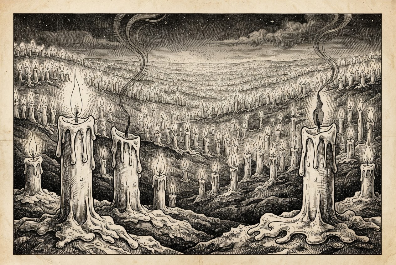A vast landscape of small candles stretching to the horizon, each flame steady and distinct, rendered as an antique pen-and-ink engraving. In the foreground, several candles are melting with wax pooling, two extinguished with wisps of smoke rising. Monochrome engraving on warm aged paper.