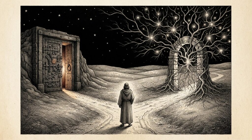 A figure stands at a crossroads on a vast plain. Left path leads into a heavy iron door covered in intricate lockwork, slightly ajar with faint contained light inside. Right path leads toward an open archway with rootlike tendrils and small glowing nodes extending outward into the sky like a living network. Monochrome engraving depicting sealed containment versus open persistent connection.