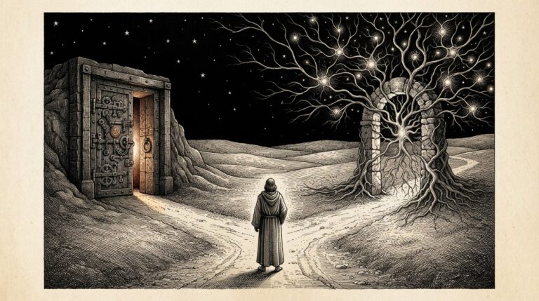 A figure stands at a crossroads on a vast plain. Left path leads into a heavy iron door covered in intricate lockwork, slightly ajar with faint contained light inside. Right path leads toward an open archway with rootlike tendrils and small glowing nodes extending outward into the sky like a living network. Monochrome engraving depicting sealed containment versus open persistent connection.