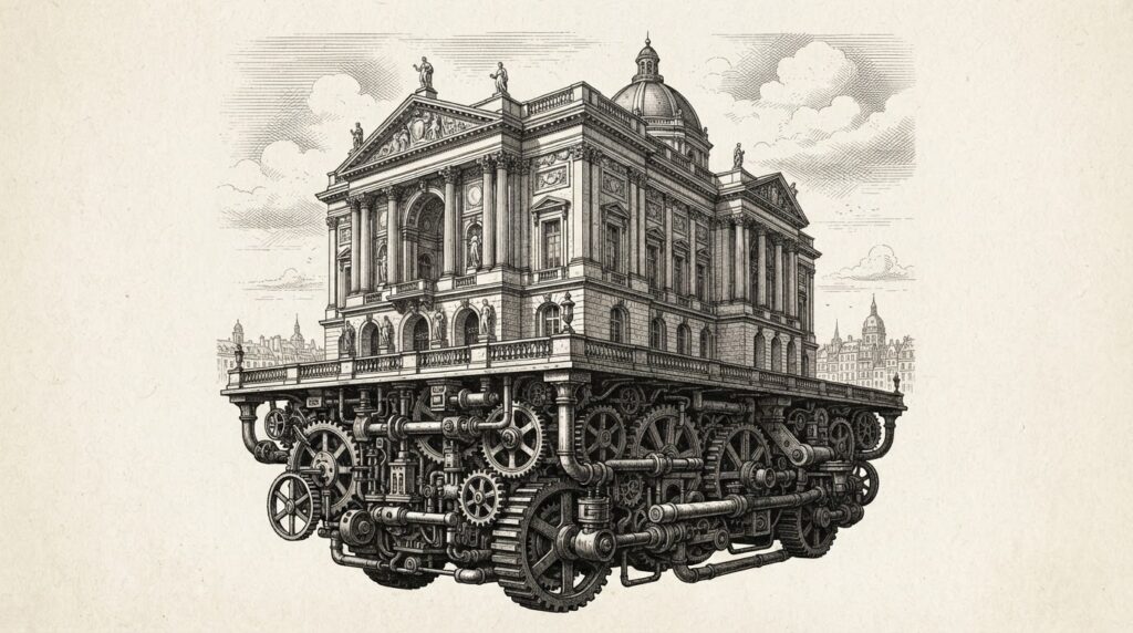 A hand-drawn editorial engraving of a grand neoclassical European building resting visibly on a foundation of foreign industrial machinery - gears, pipes, and mechanical components. The elegant structure cannot stand without the industrial base it depends on.