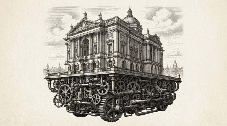 A hand-drawn editorial engraving of a grand neoclassical European building resting visibly on a foundation of foreign industrial machinery - gears, pipes, and mechanical components. The elegant structure cannot stand without the industrial base it depends on.