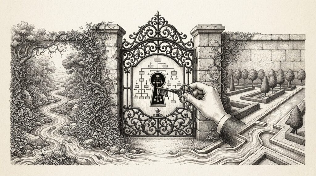 An ornate gate in a stone wall with a keyhole shaped like a corporate structure, representing Beijing's control over Chinese AI companies' access to capital markets.