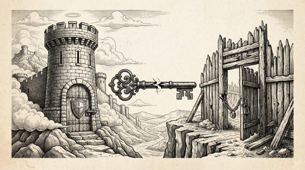Pen-and-ink illustration of a split cloud and Windows security response with a cracked authentication lock connecting both sides