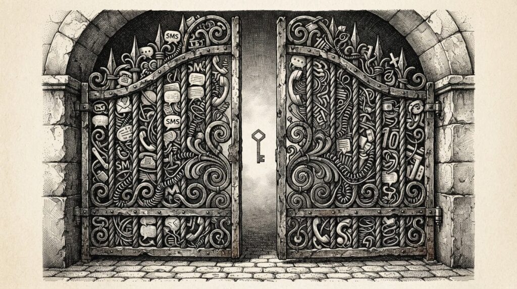 Pen-and-ink illustration of a nearly closed iron gate made of compressed SMS bubbles and phone cords, with a geometric passkey shape visible through the narrowing gap