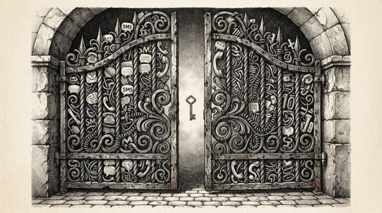 Pen-and-ink illustration of a nearly closed iron gate made of compressed SMS bubbles and phone cords, with a geometric passkey shape visible through the narrowing gap