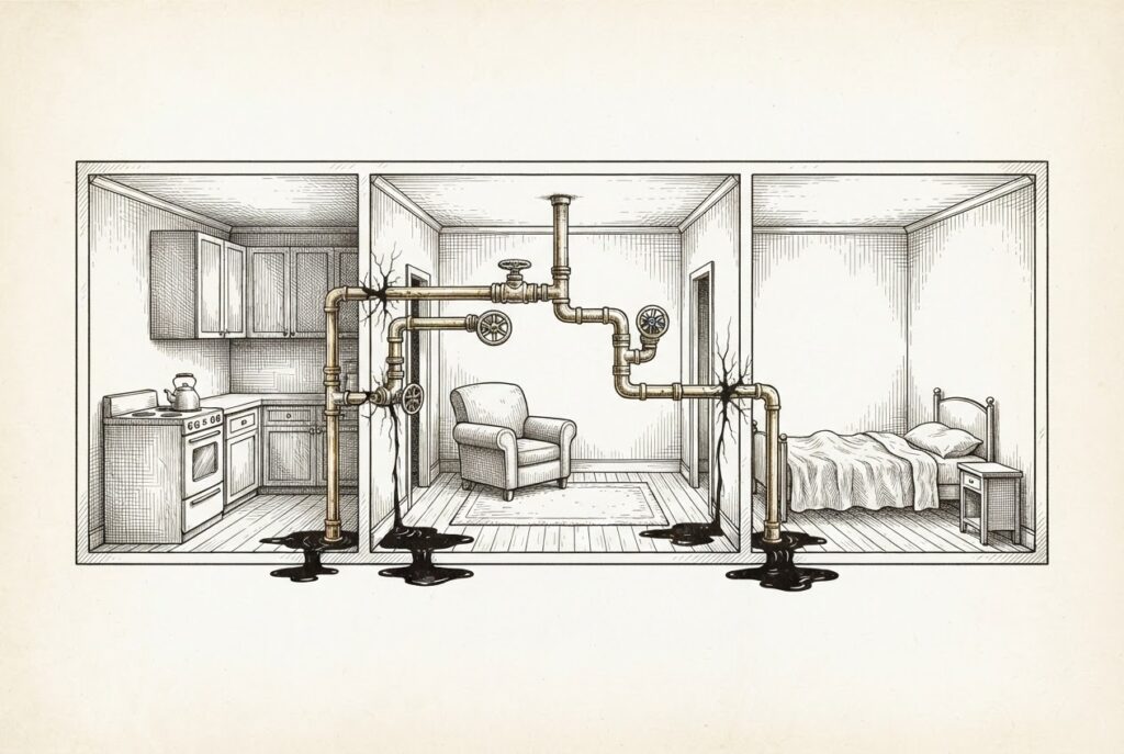 A cross-section of a domestic interior showing three rooms connected by exposed brass pipes with visible cracks at each wall junction, dark fluid seeping through every fracture into each room-conceptual metaphor for multi-agent chain vulnerabilities spreading through integration points no single vendor secures.