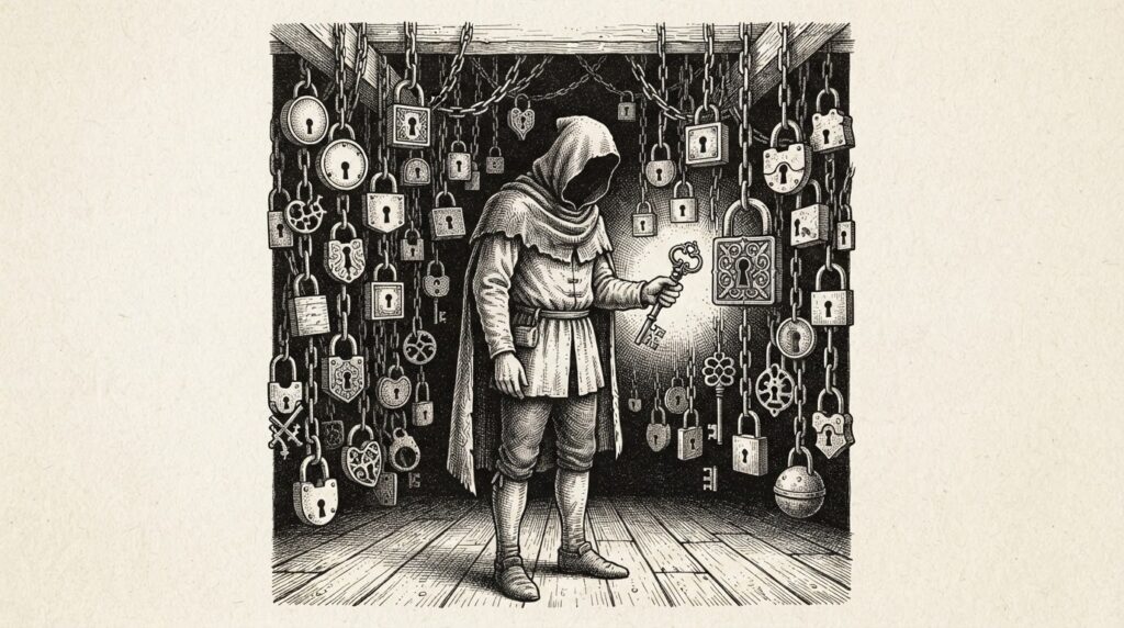A faceless figure in period dress holds a perfectly forged key while many differently-shaped locks hang from chains around the figure - the perfect runtime tool does not solve the diverse specification problems