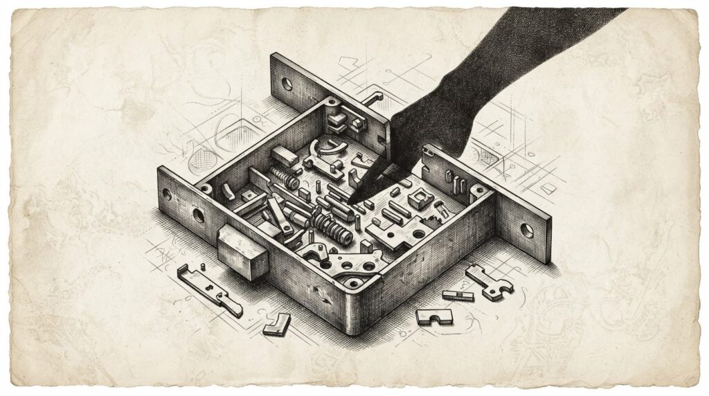 A monochrome pen-and-ink engraving of a lock mechanism with exposed internal tumblers and scattered pieces, while a shadow of an unseen hand reaches through the gap — the allegory of consent breached from within.