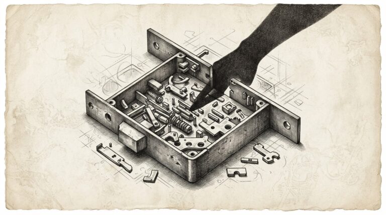 A monochrome pen-and-ink engraving of a lock mechanism with exposed internal tumblers and scattered pieces, while a shadow of an unseen hand reaches through the gap — the allegory of consent breached from within.