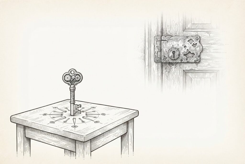 A small dedicated hardware device at center with acoustic tubes and surveillance eyes emerging from its surface - the Muse Charm as a purpose-built agent body, with a corroded lock representing the trust gap between always-on sensing and user confidence.