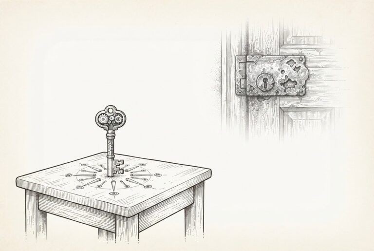 A small dedicated hardware device at center with acoustic tubes and surveillance eyes emerging from its surface - the Muse Charm as a purpose-built agent body, with a corroded lock representing the trust gap between always-on sensing and user confidence.