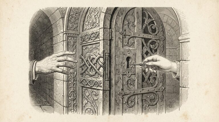 Two hands separated by an ornate door - a hand from inside extends through holding a key while a second hand on the outside reaches toward the keyhole but cannot reach it. Allegorical engraving of architecture-enforced privacy. Monochrome pen-and-ink on warm paper.