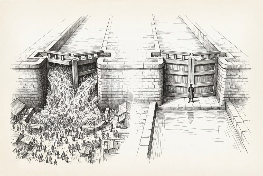 A stone canal lock with one sluice gate open allowing a torrent of faceless figures to pour through into a marketplace, while the other gate is sealed shut with a lone gatekeeper standing before it - consumer adoption surging through, retailer bifurcation blocking