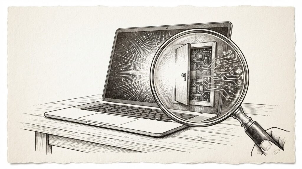 A magnifying glass revealing an undocumented door/panel in a sleek device, symbolizing how Muse's hidden endpoint turns the AI assistant into a backdoor.