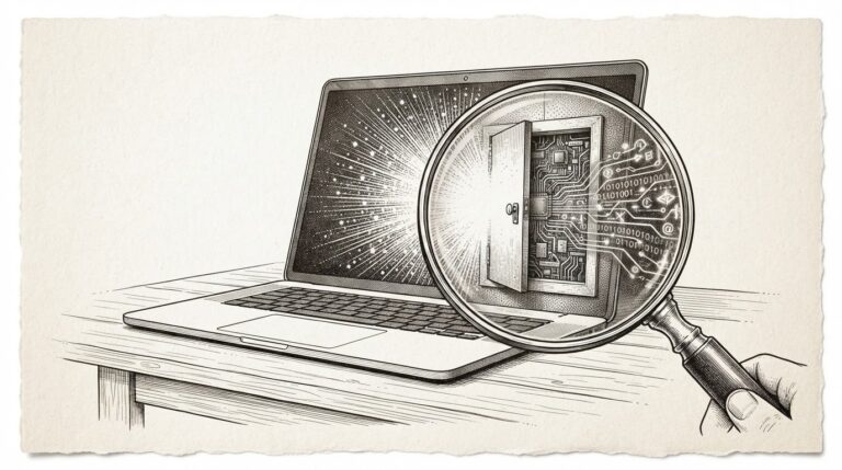 A magnifying glass revealing an undocumented door/panel in a sleek device, symbolizing how Muse's hidden endpoint turns the AI assistant into a backdoor.