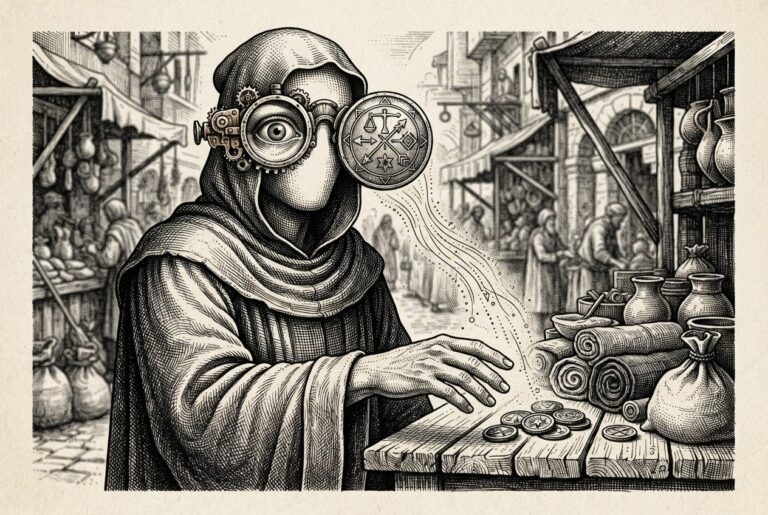 A faceless figure whose spectacles transform one lens into an observing eye and the other into a merchant's coin — the boundary between vision and commerce dissolved onto the human face.