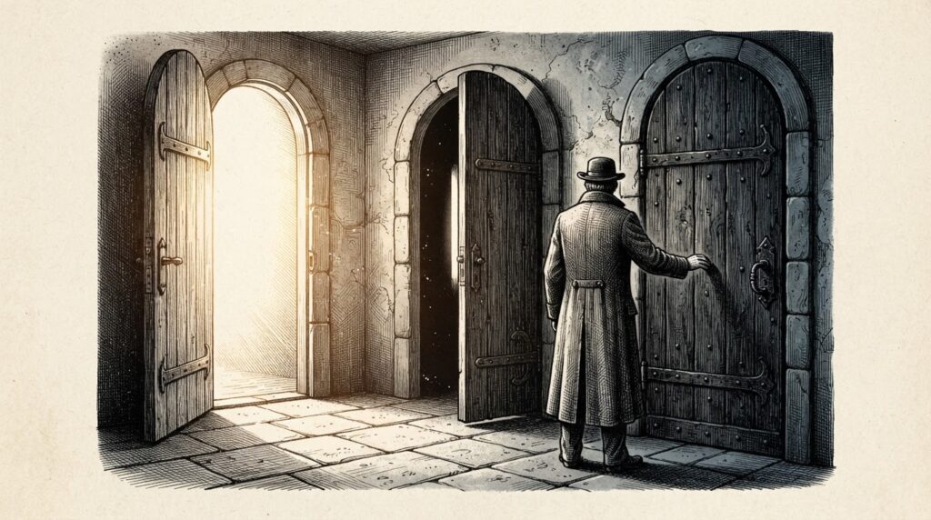 A solitary figure in a long coat faces three heavy wooden doors in a stone corridor — one open with bright light (email/payments), one ajar (shopping), one firmly closed and dark (home automation). Monochrome pen-and-ink engraving.