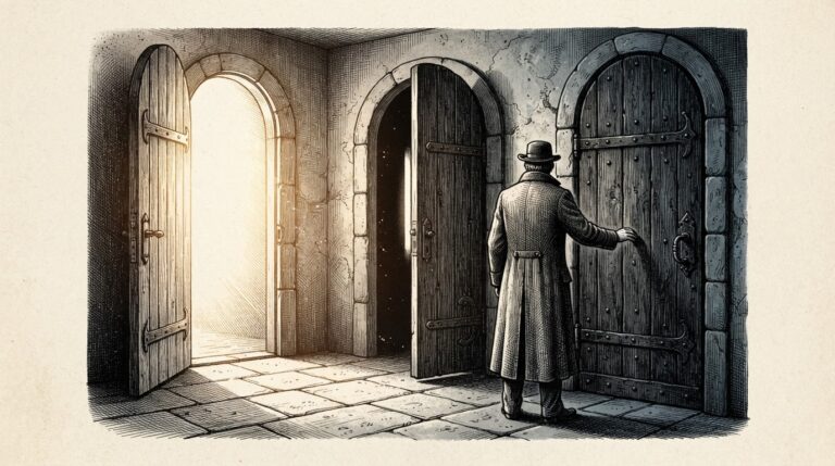 A solitary figure in a long coat faces three heavy wooden doors in a stone corridor — one open with bright light (email/payments), one ajar (shopping), one firmly closed and dark (home automation). Monochrome pen-and-ink engraving.