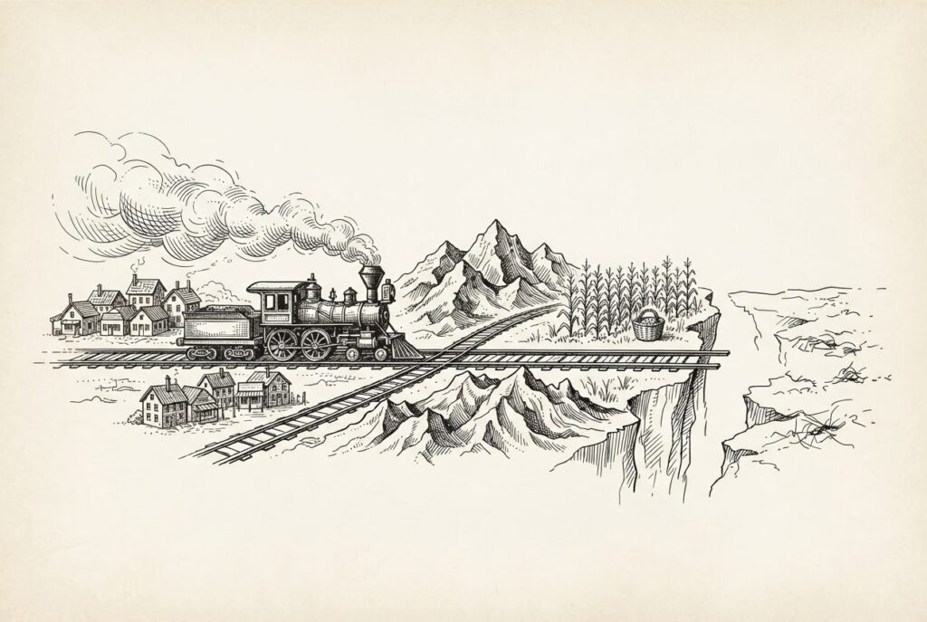 A steam locomotive crosses three terrain segments — buildings, mountains, farmland — but the track ends abruptly at a cliff with no continuation ahead. The commerce engine moved fast; the liability track was never built.