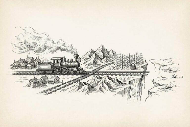 A steam locomotive crosses three terrain segments — buildings, mountains, farmland — but the track ends abruptly at a cliff with no continuation ahead. The commerce engine moved fast; the liability track was never built.