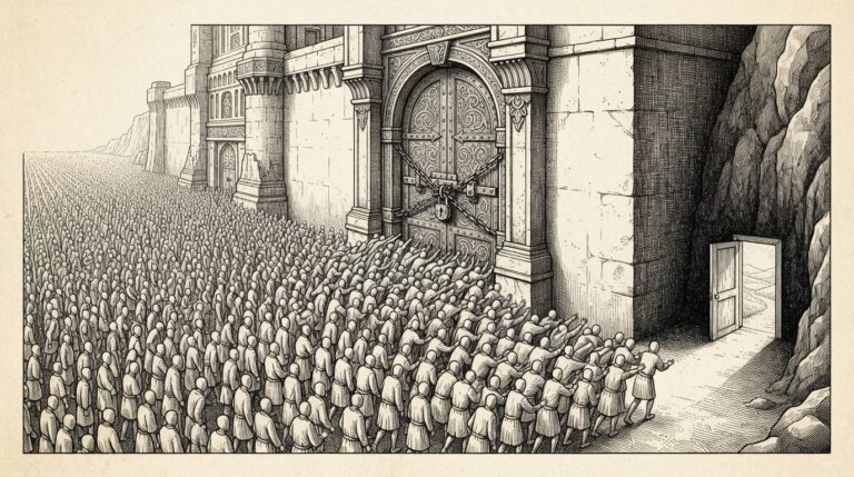 A vast crowd of identical figures pushing against a massive ornate door that leads nowhere, while a single small doorway in the shadow behind stands slightly ajar, unnoticed.