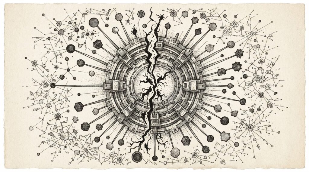 Pen-and-ink illustration of a cracked central management hub with threat indicators spreading to connected endpoints
