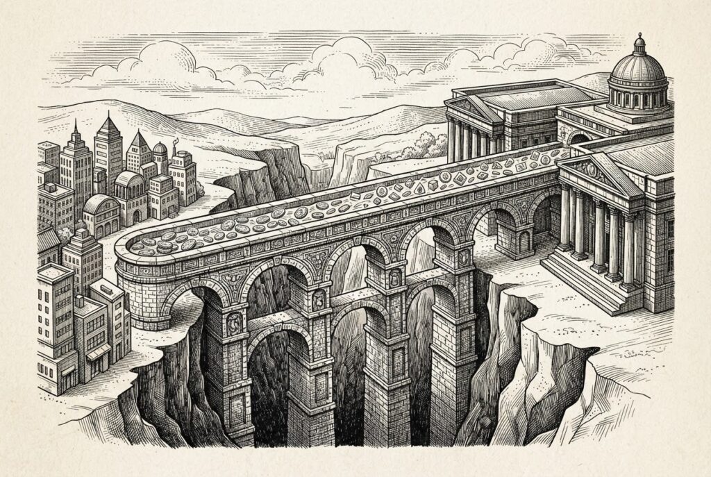 A pen-and-ink engraving of an ornate Roman aqueduct carrying streams of coins across a chasm, connecting small neobank buildings on one side to massive classical bank buildings on the other, representing fintech integration with traditional banking infrastructure