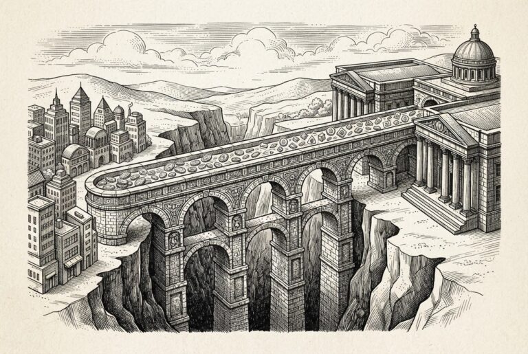 A pen-and-ink engraving of an ornate Roman aqueduct carrying streams of coins across a chasm, connecting small neobank buildings on one side to massive classical bank buildings on the other, representing fintech integration with traditional banking infrastructure