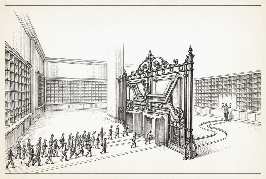 A switchboard operator's station where all the wires are being rerouted through a single automated figure — the routing layer replacing human triage.