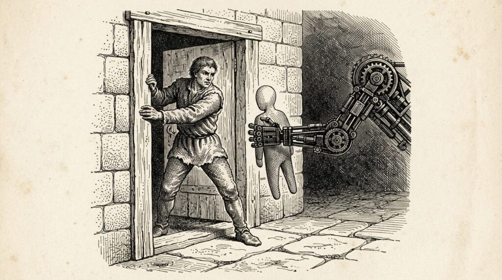 A human figure stands firmly at a stone threshold, gripping the doorframe, while a mechanical arm extends from the opposite side to push a smaller faceless figure through-the human holding the boundary against algorithmic consequence.