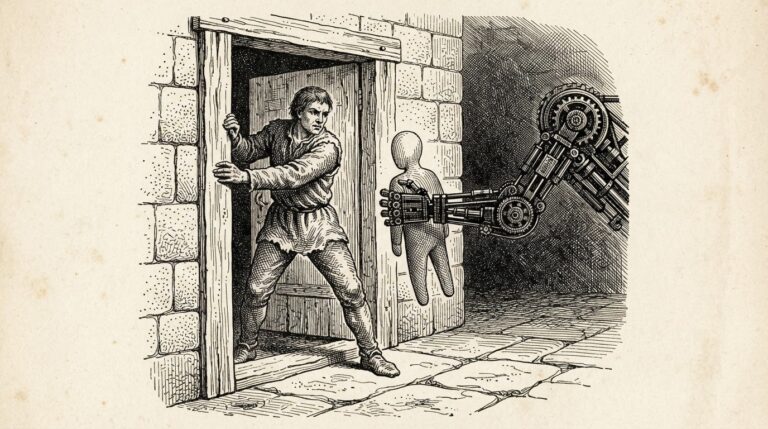 A human figure stands firmly at a stone threshold, gripping the doorframe, while a mechanical arm extends from the opposite side to push a smaller faceless figure through-the human holding the boundary against algorithmic consequence.