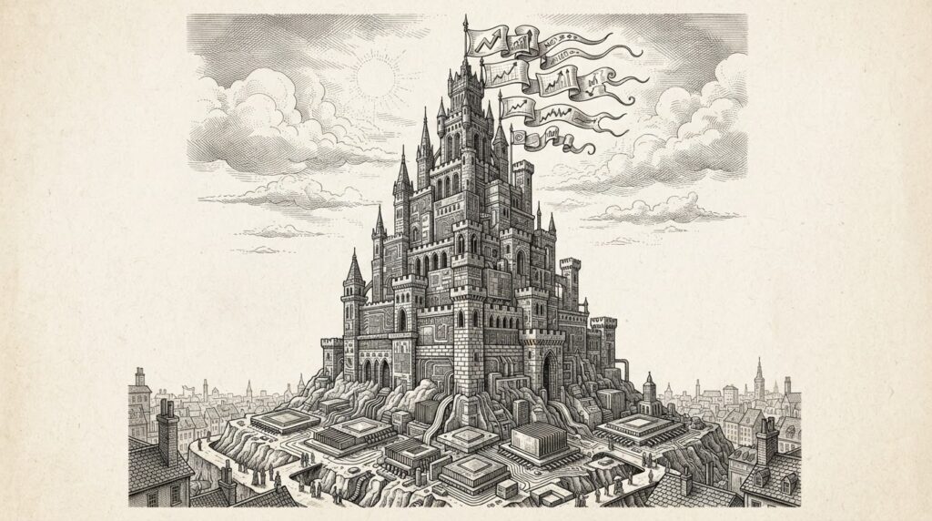 A Victorian-era pen-and-ink engraving of a fortress tower rising from GPU chip foundations, with stock market documents emerging from the crown, representing the compute landlord thesis reaching public markets