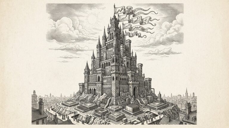 A Victorian-era pen-and-ink engraving of a fortress tower rising from GPU chip foundations, with stock market documents emerging from the crown, representing the compute landlord thesis reaching public markets