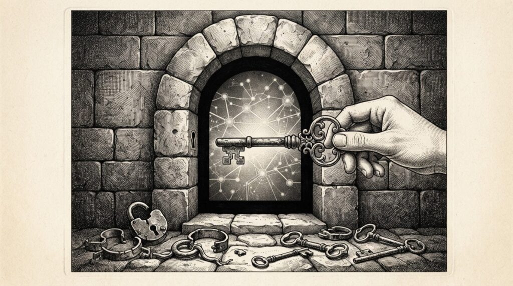 A pen-and-ink engraving of a hand presenting an ornate key at a formal stone archway, with broken padlocks and abandoned keys scattered in the foreground - a metaphor for the shift from forced digital entry to negotiated protocol access.