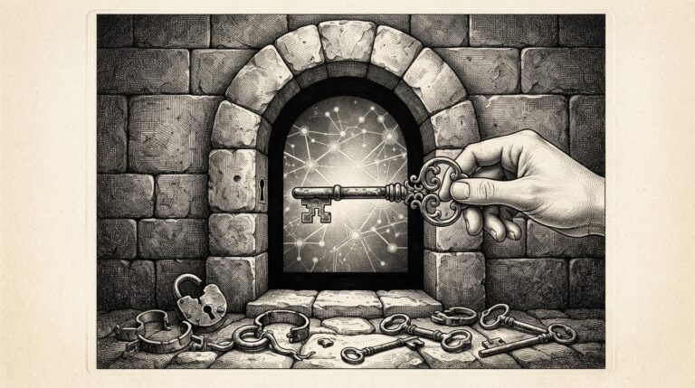 A pen-and-ink engraving of a hand presenting an ornate key at a formal stone archway, with broken padlocks and abandoned keys scattered in the foreground - a metaphor for the shift from forced digital entry to negotiated protocol access.