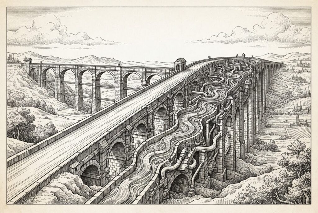 A vast aqueduct system spanning a landscape. One channel carries a precise, controlled flow of water representing the deterministic engine with mechanical precision. Another channel has AI agents navigating complex tributaries and adjusting routes representing AI flexibility. The aqueduct represents the tax compliance infrastructure where precision and adaptability must coexist.
